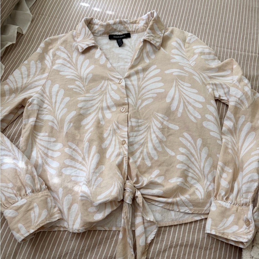 Ellen Tracy Linen Blend Long Sleeve Button Up Tie Front Blouse Top